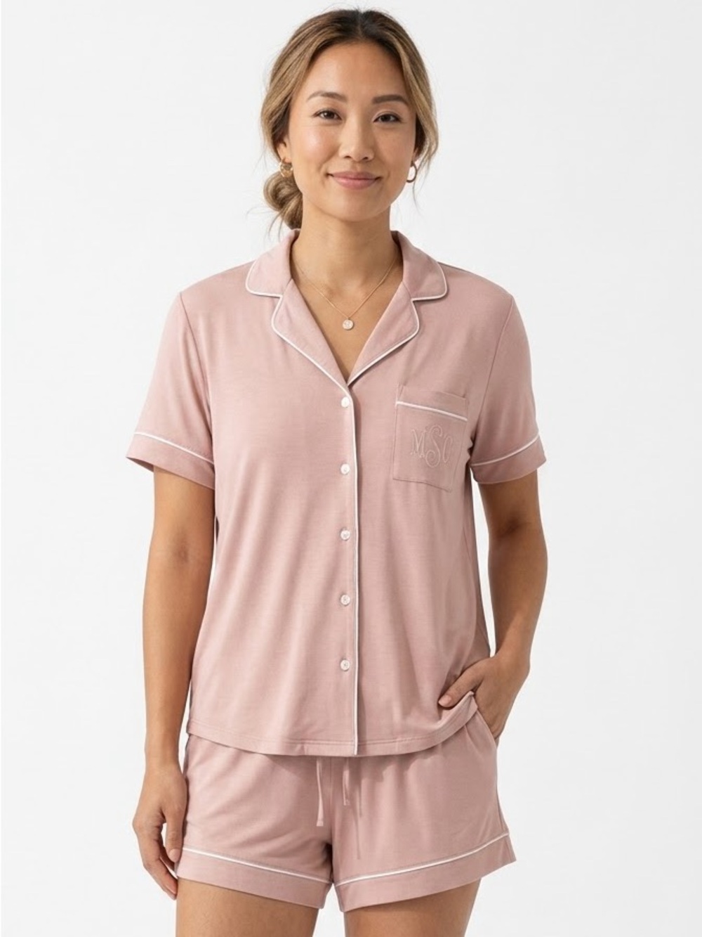 Cozy Earth Short Pajama Set in Soft Pink with White Piping Bamboo XXL New